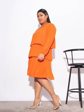 Orange Pleated Skater Tiered Dress-SASSAFRAS Curve