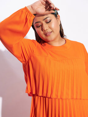 Orange Pleated Skater Tiered Dress-SASSAFRAS Curve