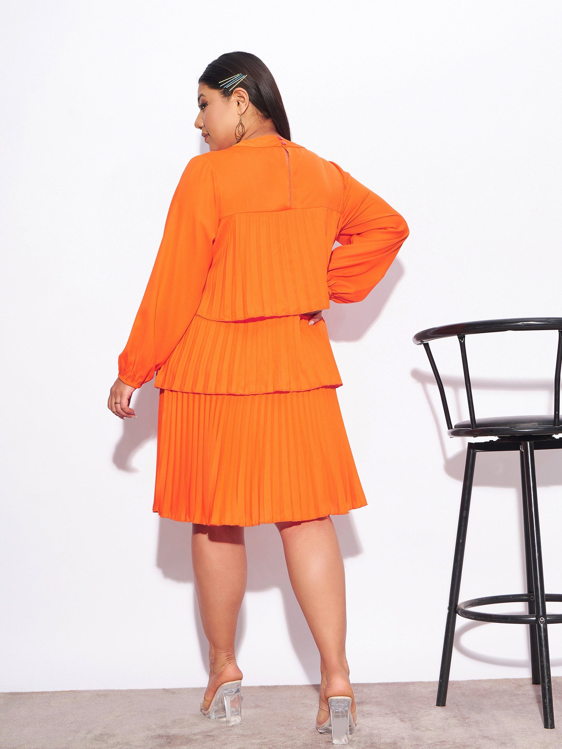 Orange Pleated Skater Tiered Dress-SASSAFRAS Curve