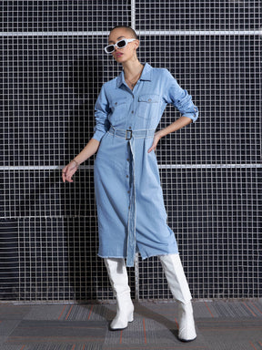 Ice Blue Raw Edge Pocket Shirt Dress-SASSAFRAS