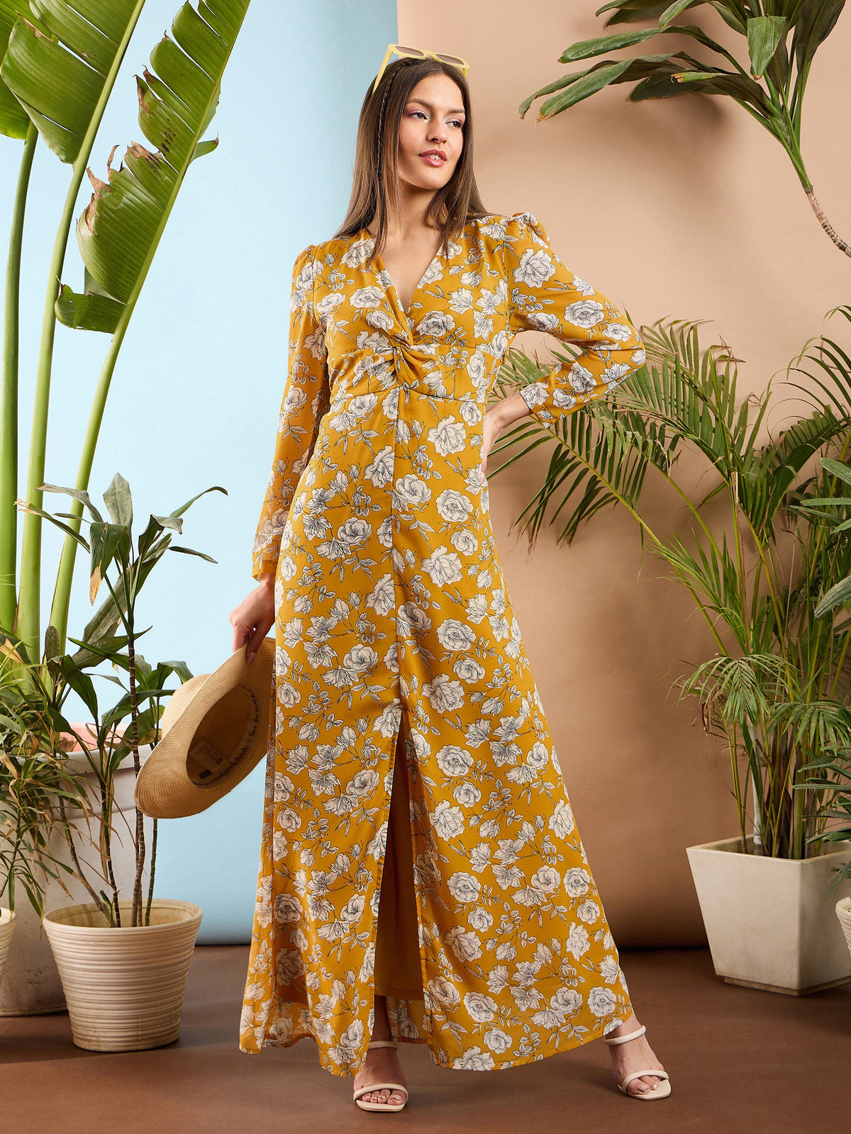 Yellow Floral Front Twisted Maxi Dress-SASSAFRAS