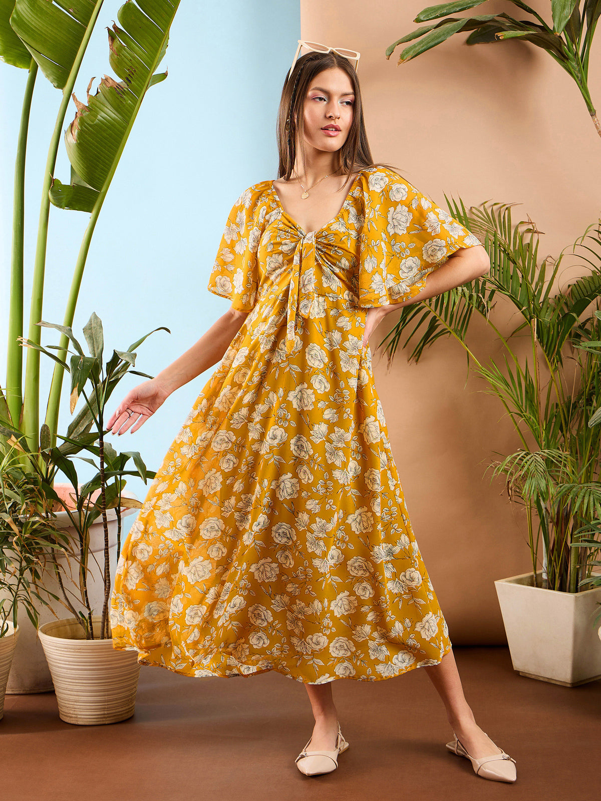 Women Yellow Floral Front Tie Midi Dress