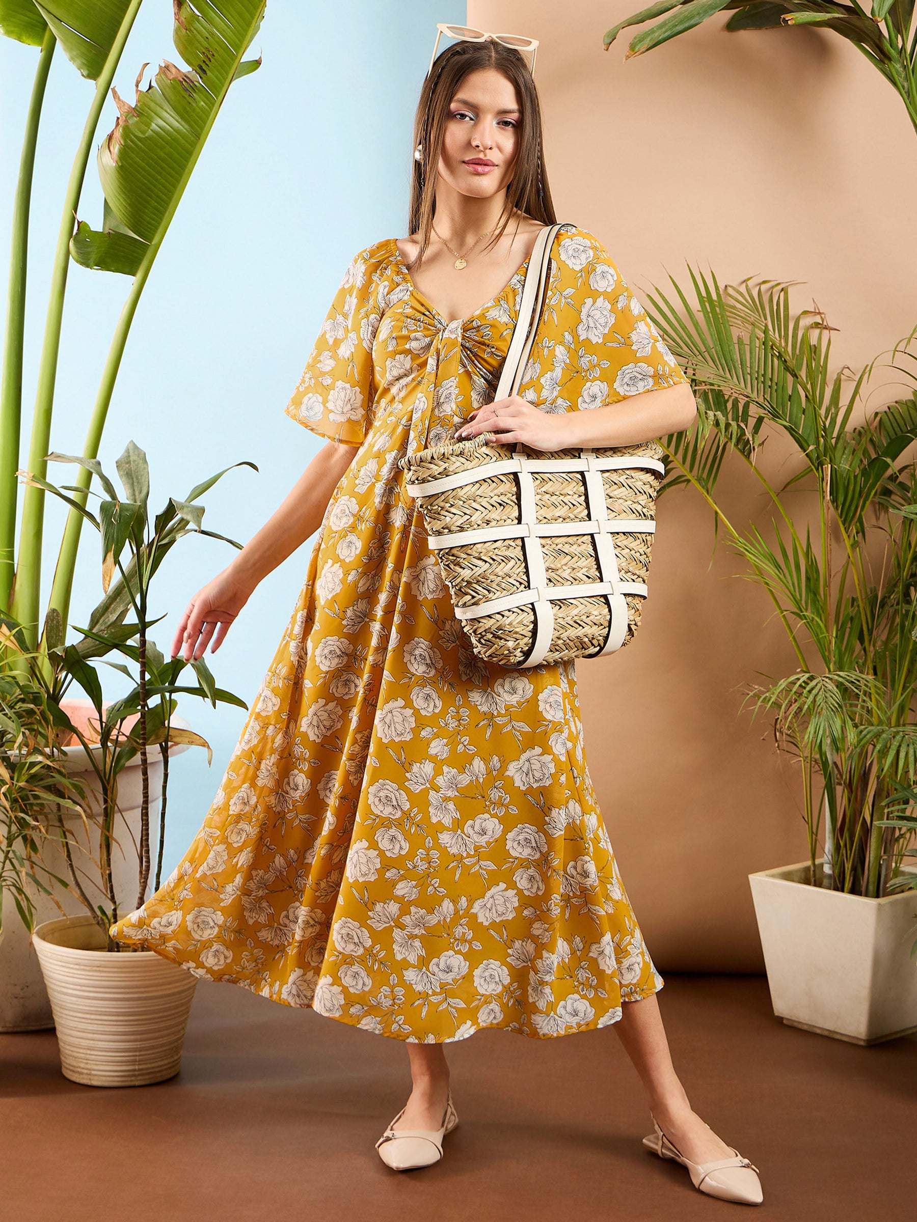 Yellow Floral Front Tie Midi Dress-SASSAFRAS