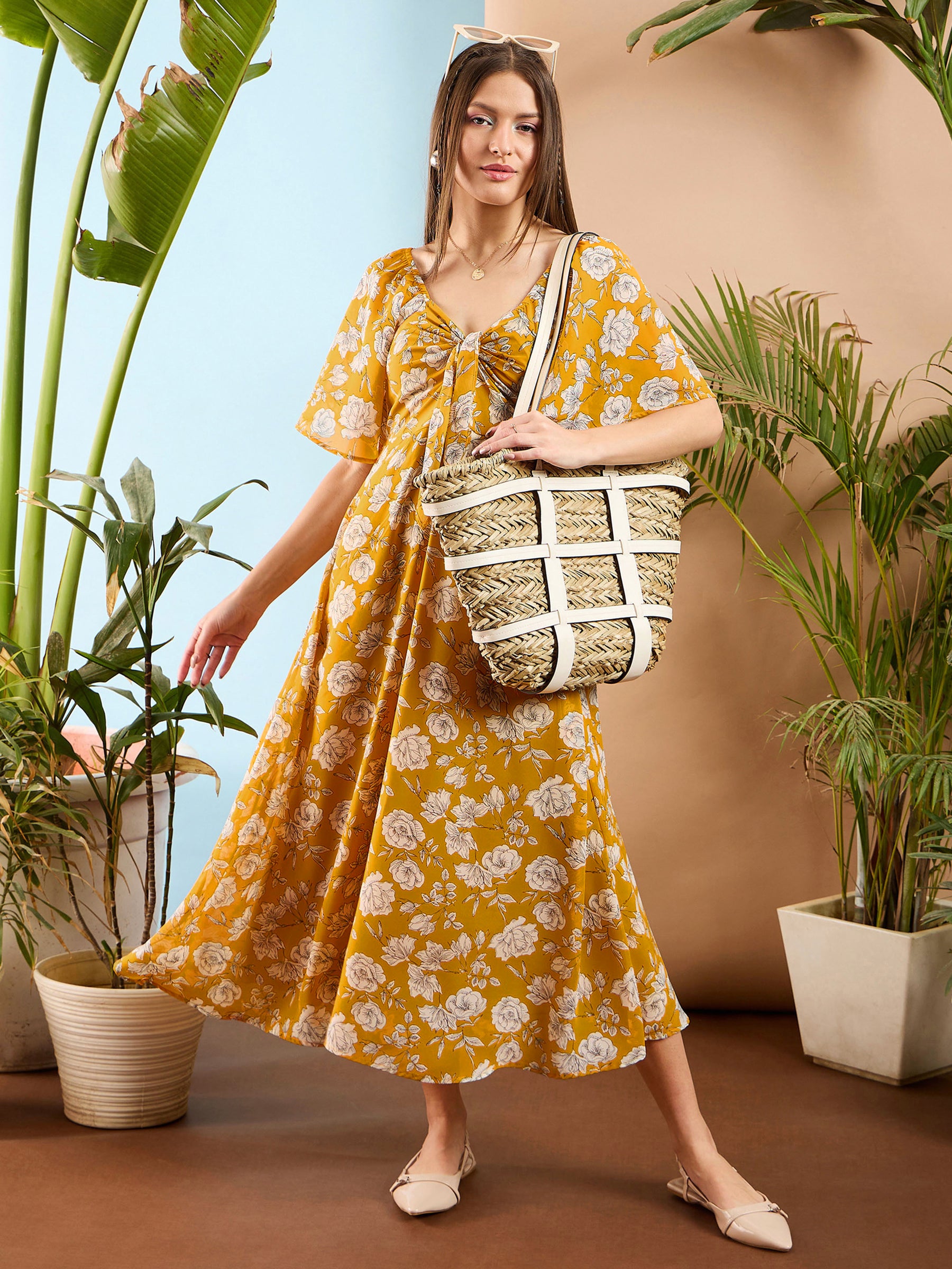 Women Yellow Floral Front Tie Midi Dress - Main Image
