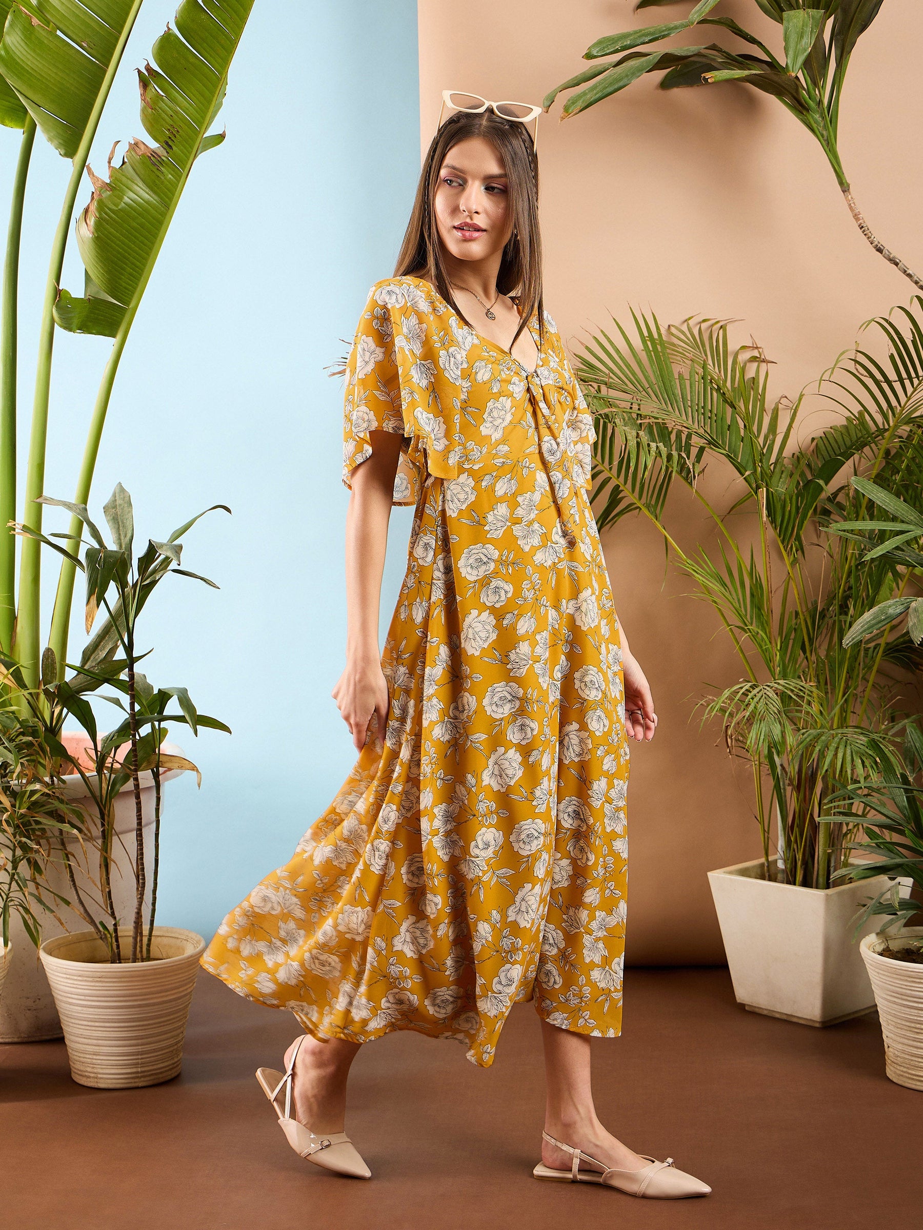 Yellow Floral Front Tie Midi Dress-SASSAFRAS