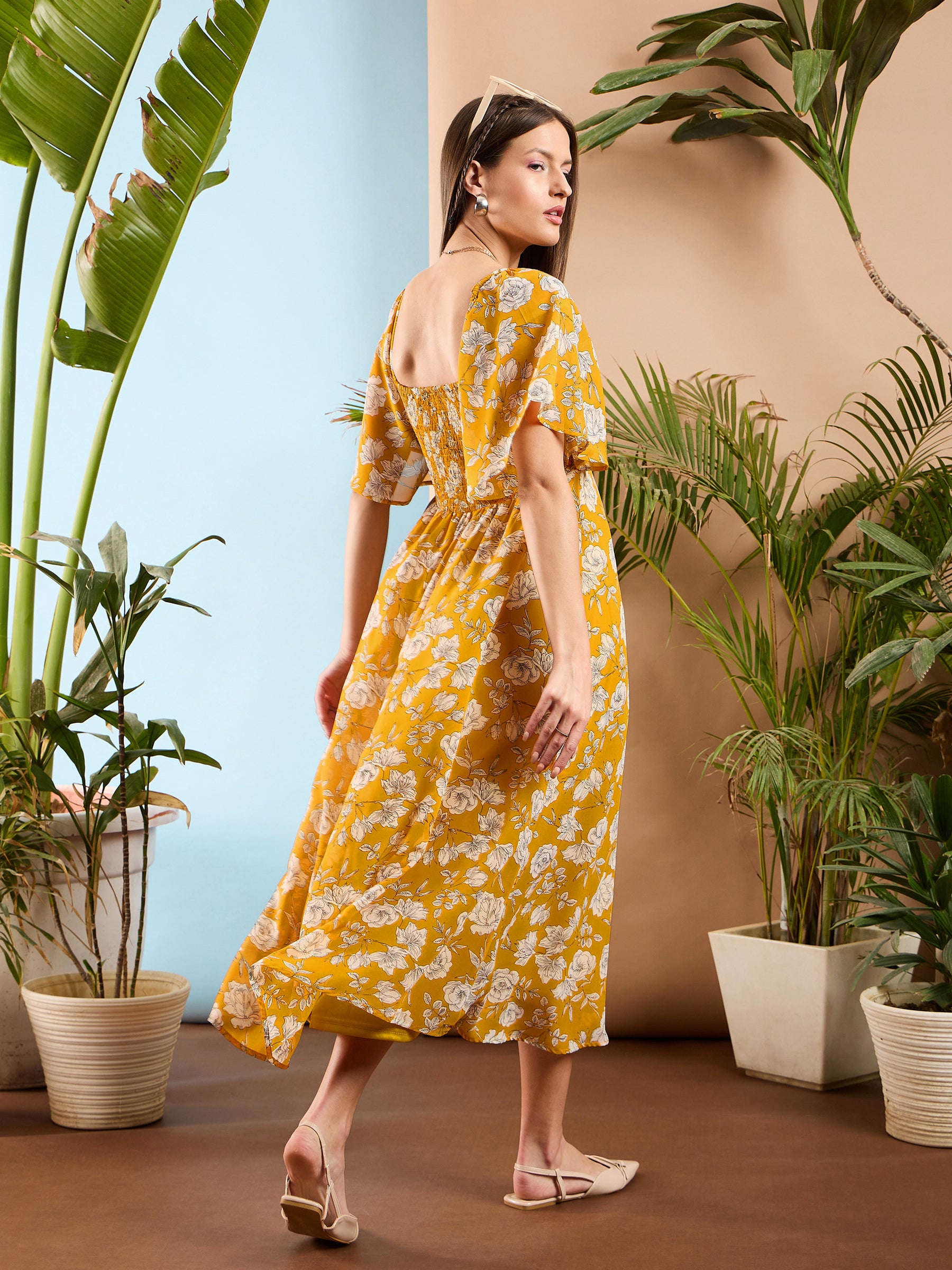 Women Yellow Floral Front Tie Midi Dress