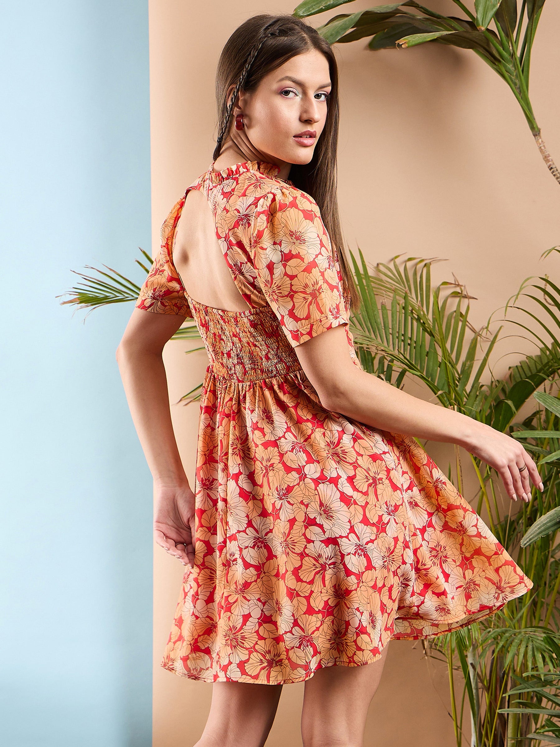 Red Floral Rhombus Neck A-Line Short Dress  -SASSAFRAS