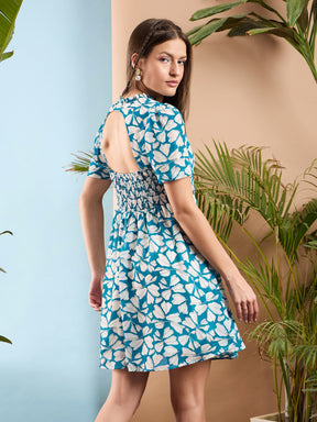 Blue Floral Rhombus Neck A-Line Short Dress  -SASSAFRAS