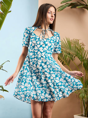 Blue Floral Rhombus Neck A-Line Short Dress  -SASSAFRAS