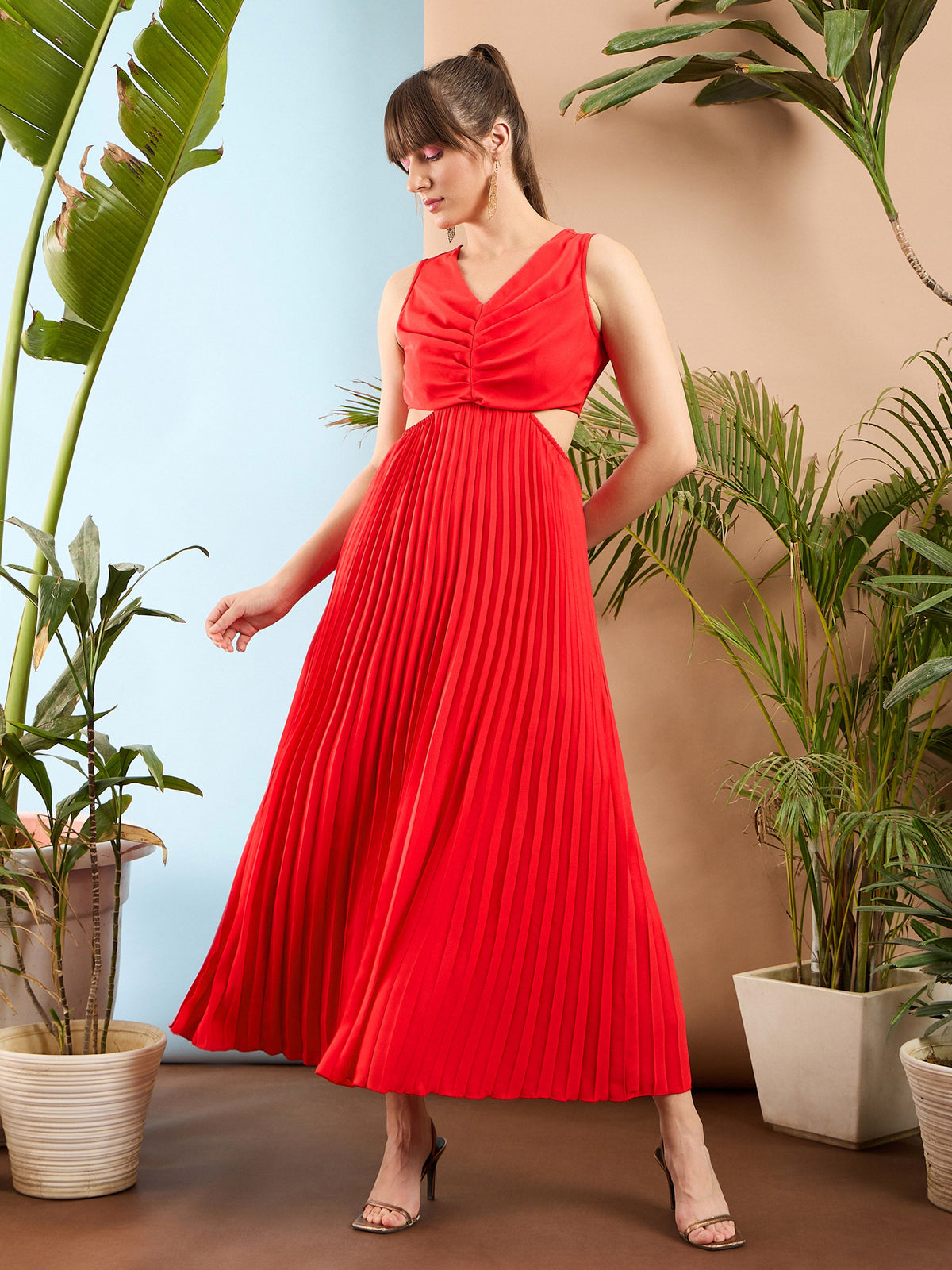 Red Waist Cut Out Pleated Maxi Dress-SASSAFRAS