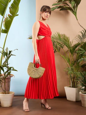 Red Waist Cut Out Pleated Maxi Dress-SASSAFRAS