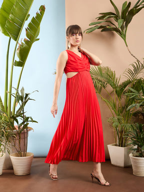 Red Waist Cut Out Pleated Maxi Dress-SASSAFRAS