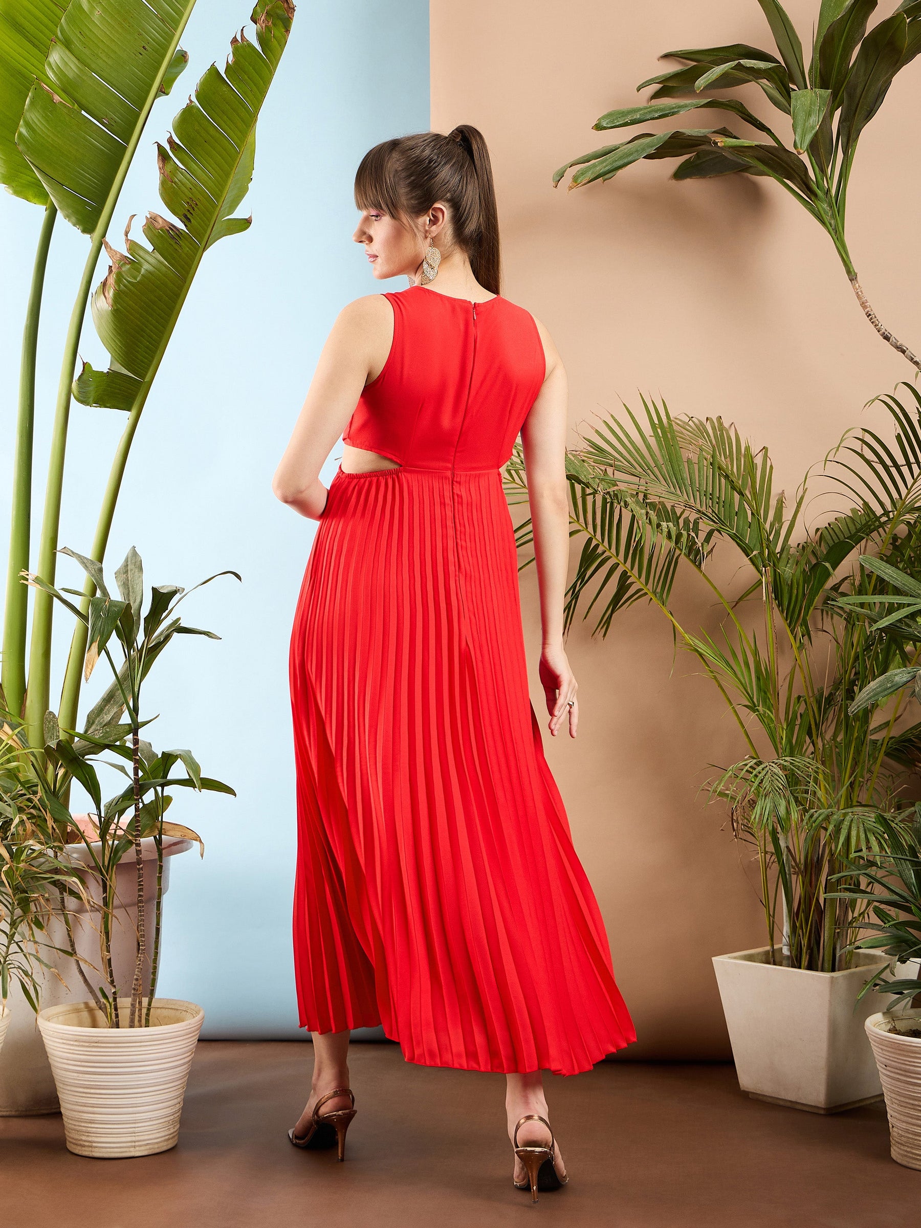 Red Waist Cut Out Pleated Maxi Dress-SASSAFRAS