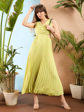 Pale Yellow Waist Cut Out Pleated Maxi Dress-SASSAFRAS