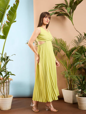 Pale Yellow Waist Cut Out Pleated Maxi Dress-SASSAFRAS