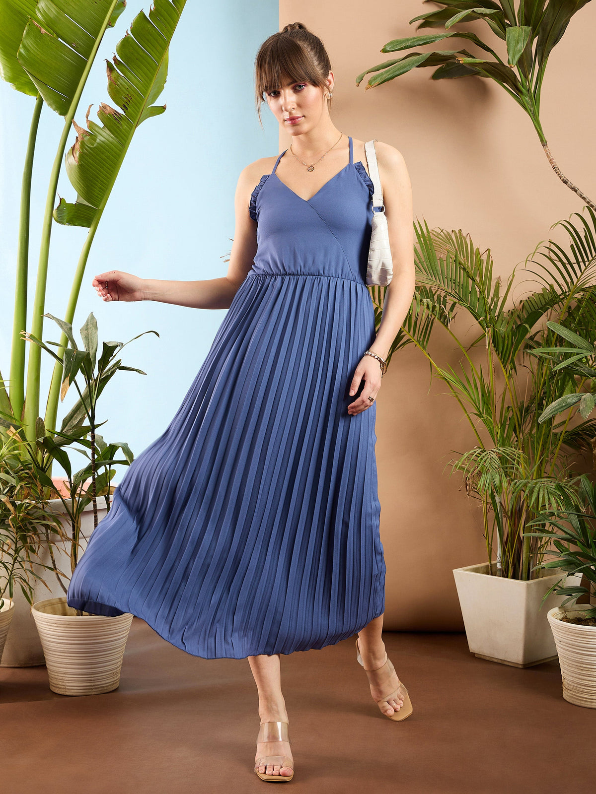 Blue Strappy Pleated Maxi Dress-SASSAFRAS
