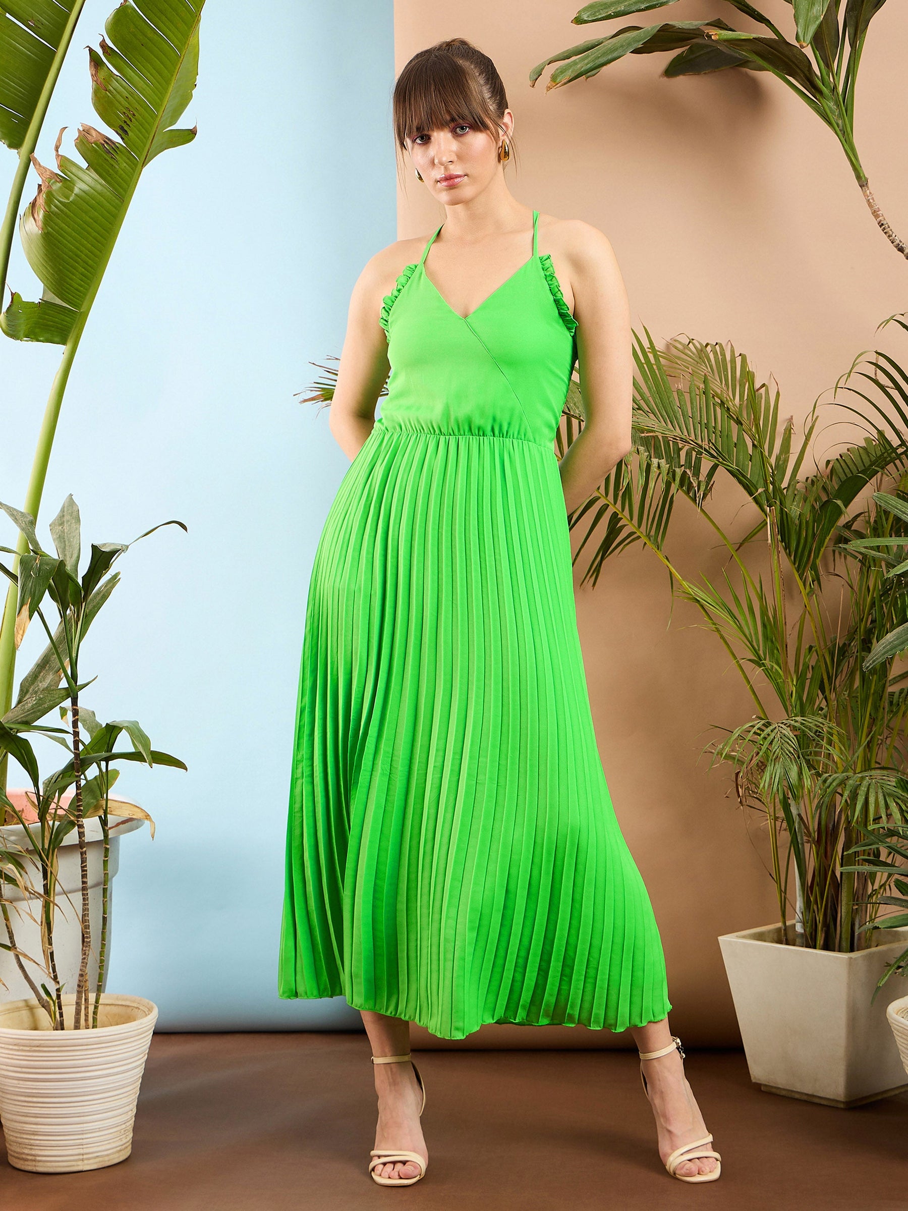 Green Strappy Pleated Maxi Dress-SASSAFRAS