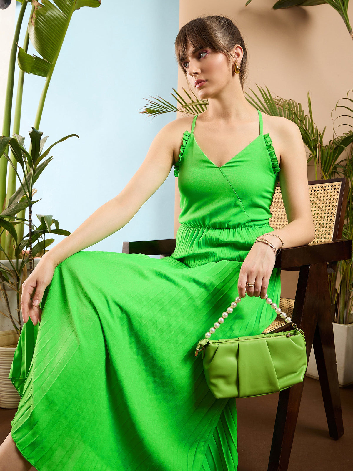 Green Strappy Pleated Maxi Dress-SASSAFRAS