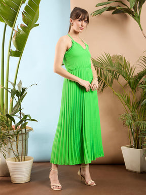 Green Strappy Pleated Maxi Dress-SASSAFRAS