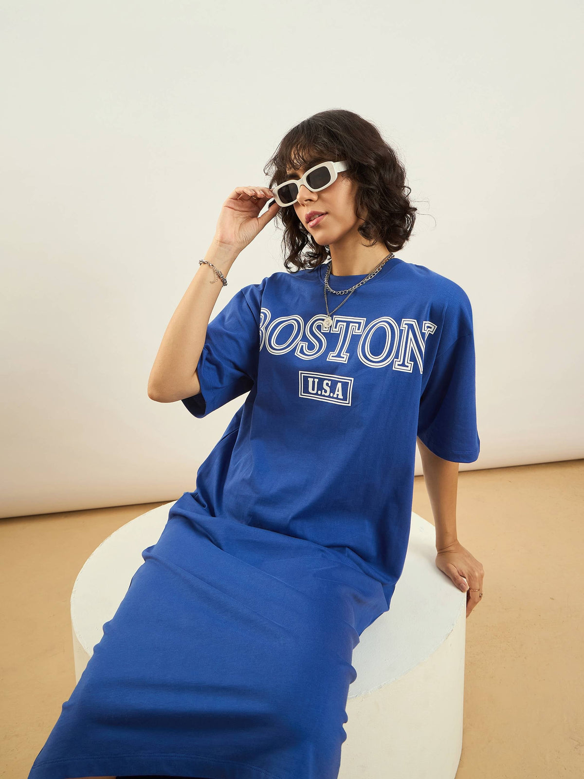 Royal Blue BOSTON Printed T-Shirt Dress-SASSAFRAS