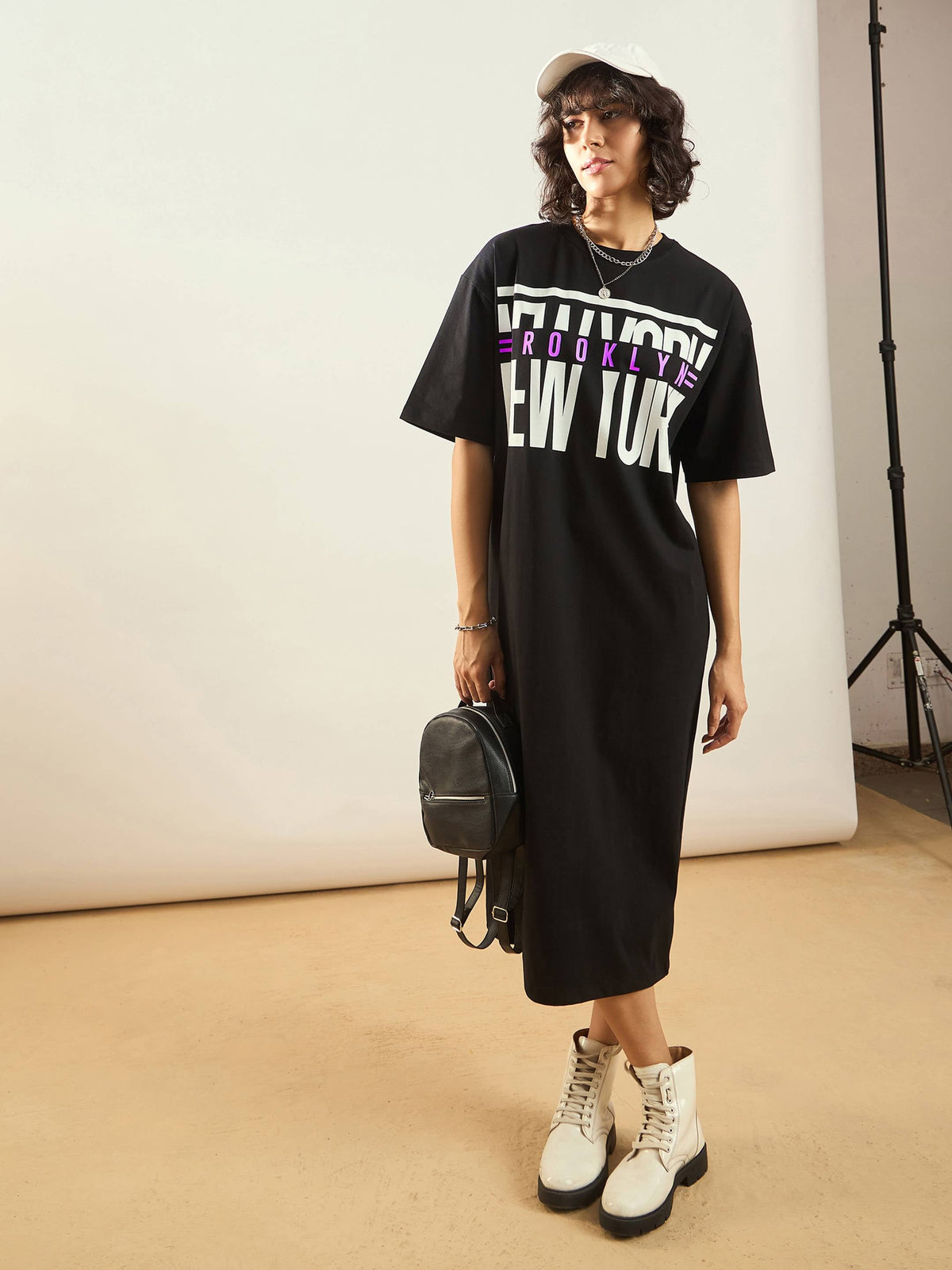 Black NEW YORK Printed T-Shirt Dress-SASSAFRAS