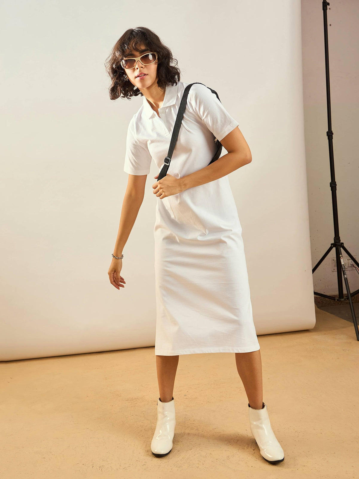 White 26 Printed Polo Neck T-Shirt Dress-SASSAFRAS