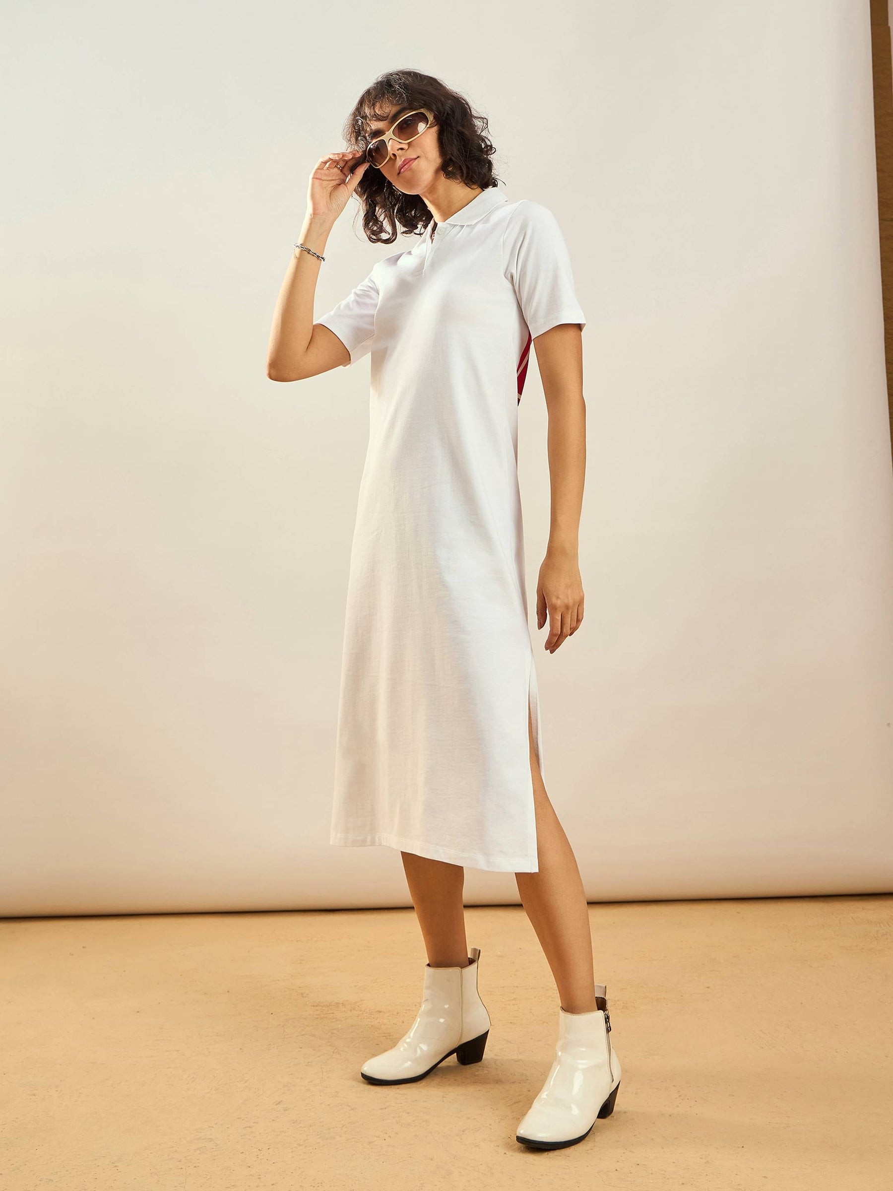 White 26 Printed Polo Neck T-Shirt Dress-SASSAFRAS