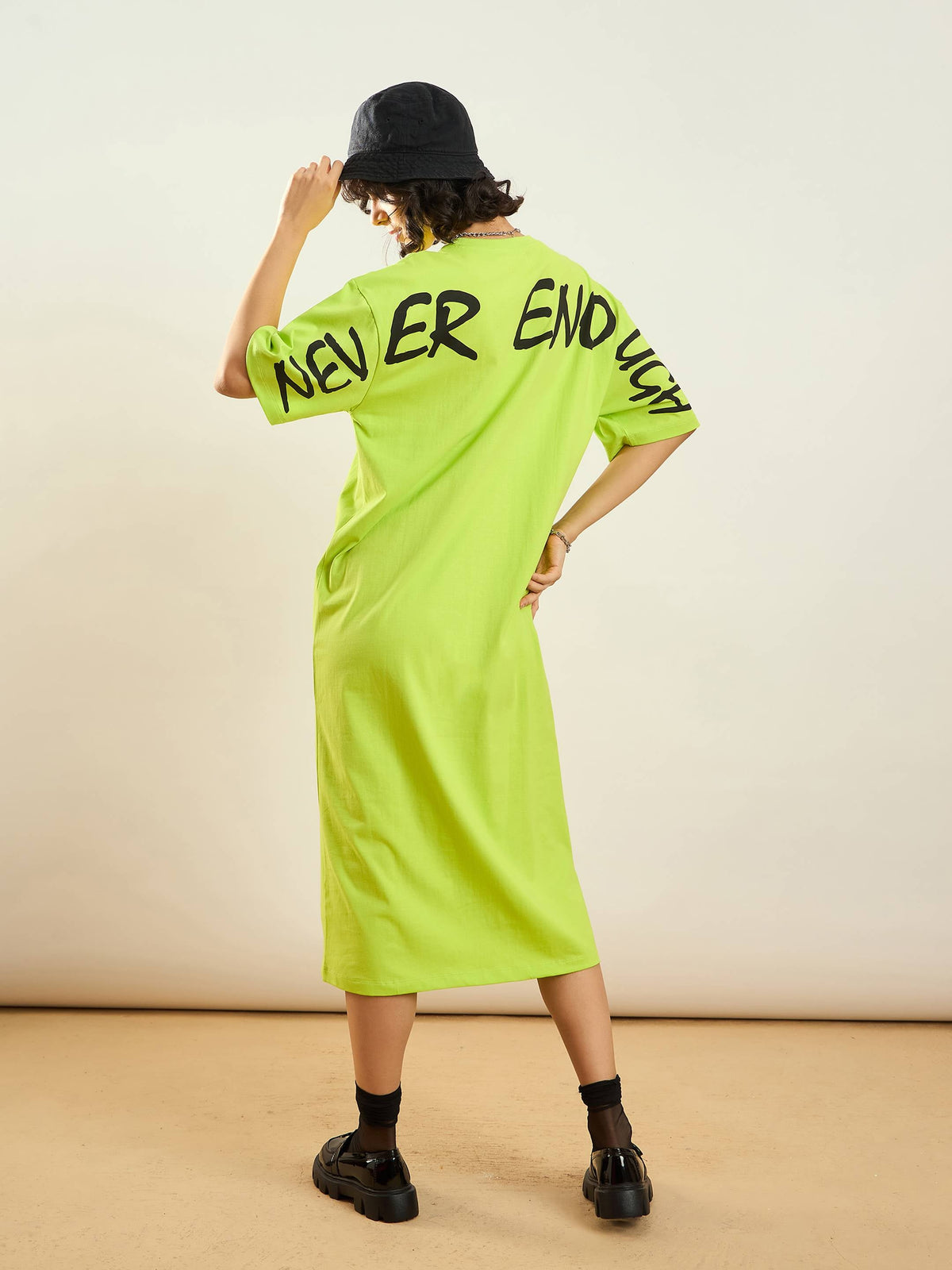 Neon Green NEVER ENOUGH Printed T-Shirt Dress-SASSAFRAS