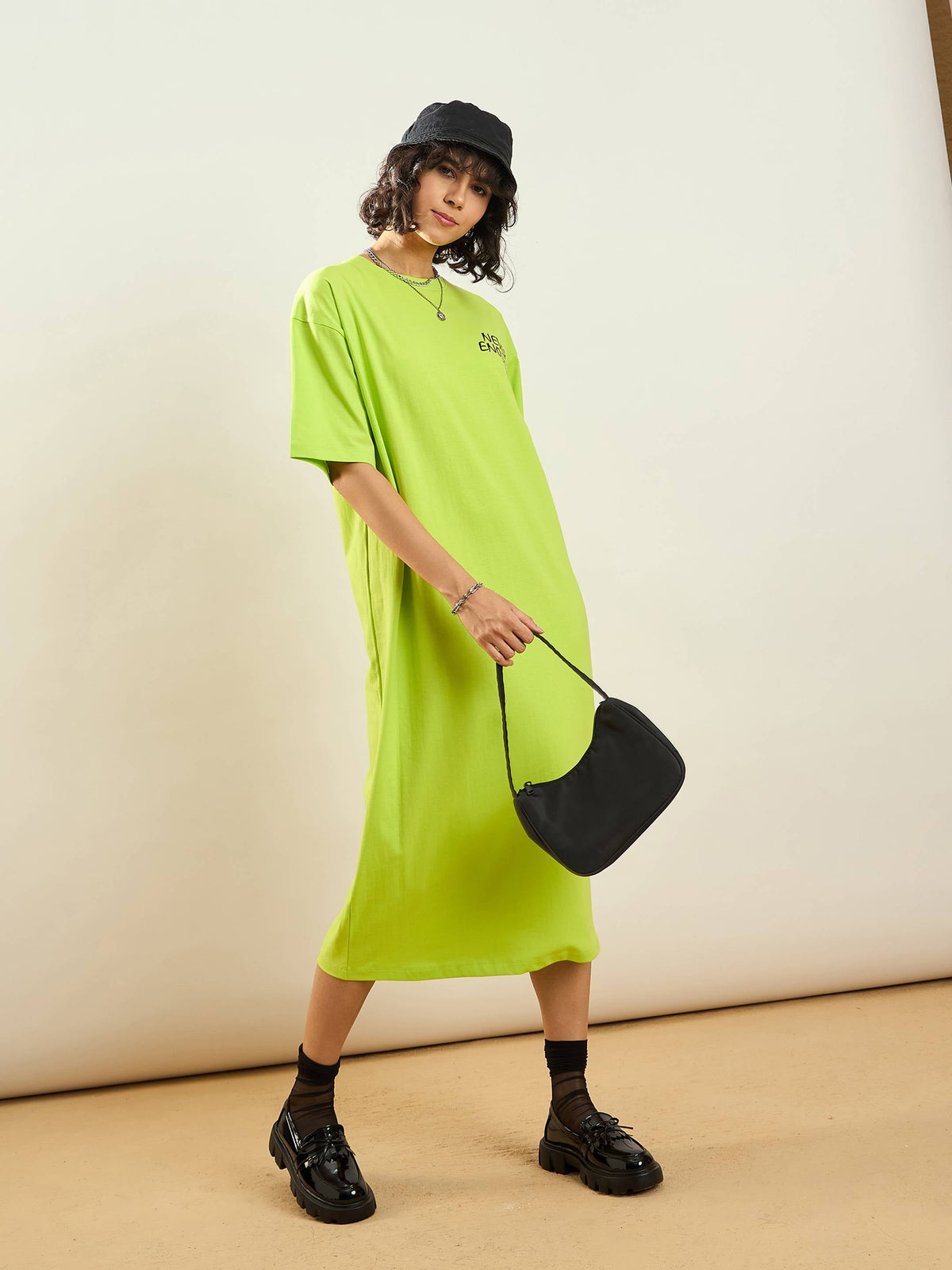 Neon Green NEVER ENOUGH Printed T-Shirt Dress-SASSAFRAS