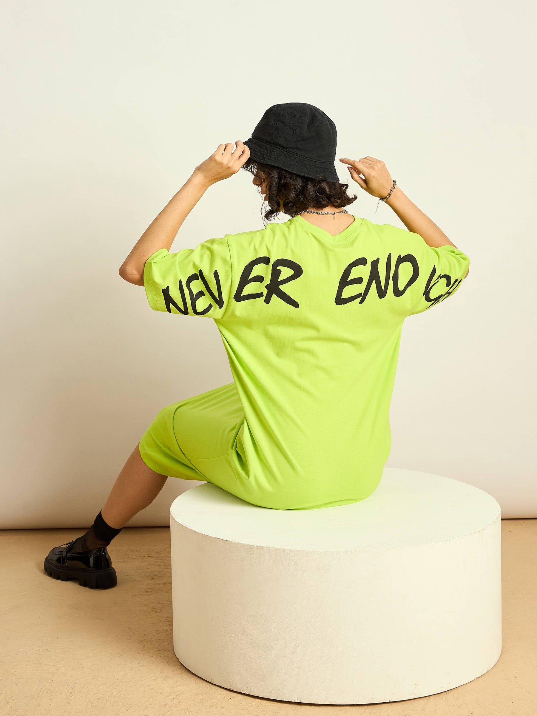 Buy Women Neon Green NEVER ENOUGH Printed T-Shirt Dress Online at Best Price - Sassafras Buy Women Neon Green NEVER ENOUGH Printed T-Shirt Dress Online at Best Price - Sassafras