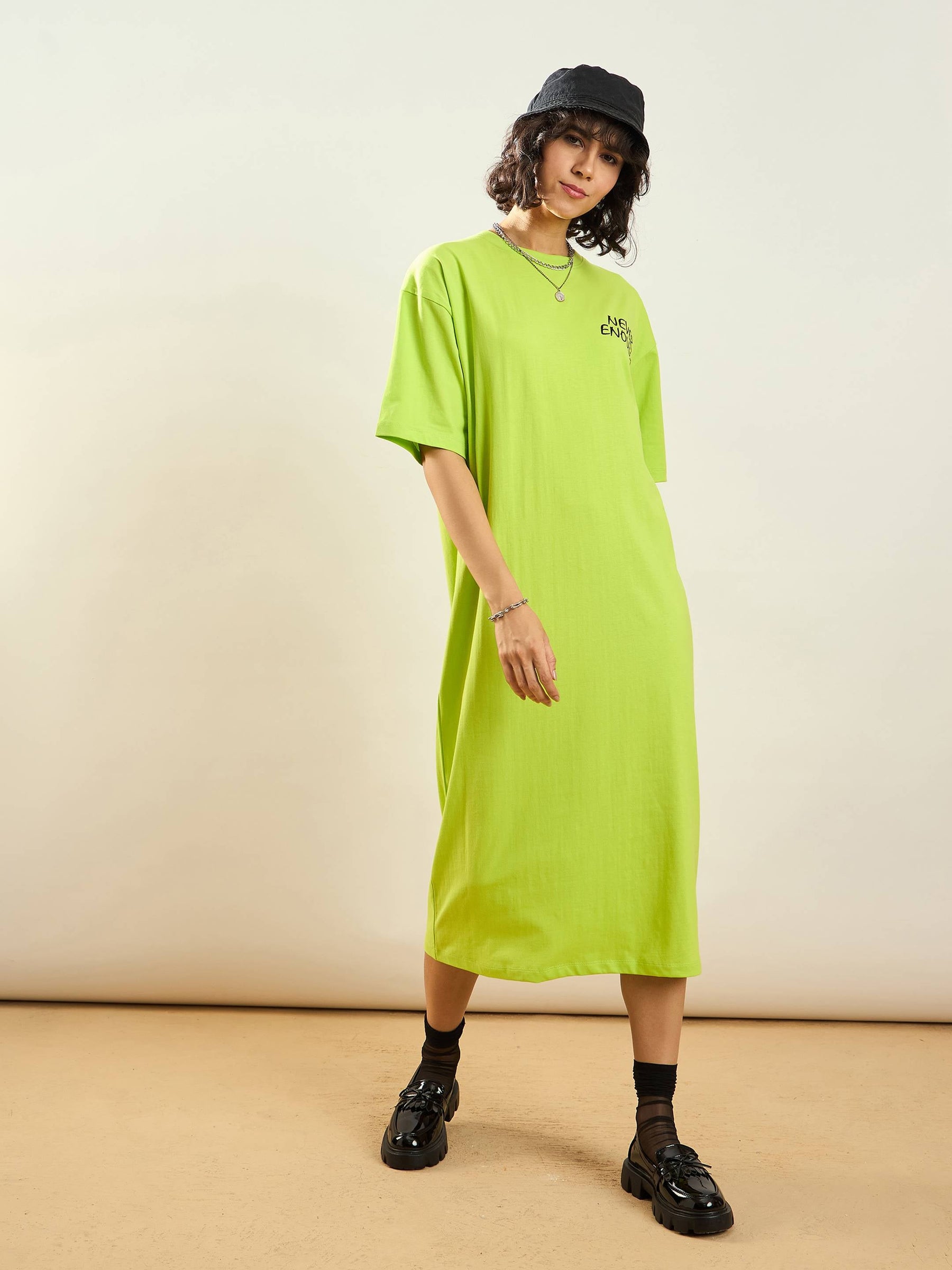 Buy Women Neon Green NEVER ENOUGH Printed T-Shirt Dress Online at Best Price - Sassafras Buy Women Neon Green NEVER ENOUGH Printed T-Shirt Dress Online at Best Price - Sassafras