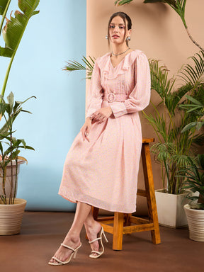 Pink Ditsy Floral Ruffle Collar Midi Dress-SASSAFRAS