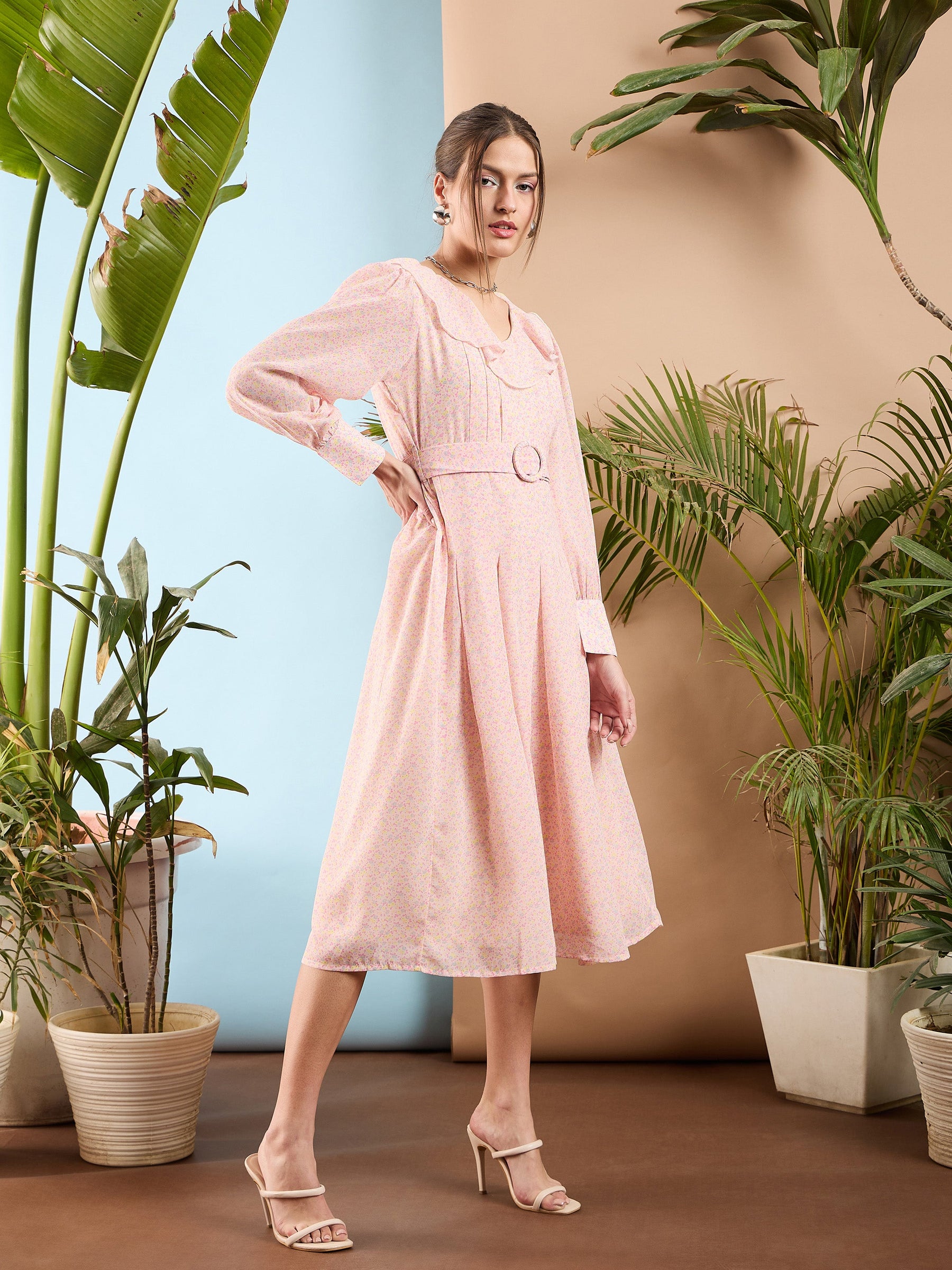 Pink Ditsy Floral Ruffle Collar Midi Dress-SASSAFRAS