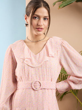 Pink Ditsy Floral Ruffle Collar Midi Dress-SASSAFRAS