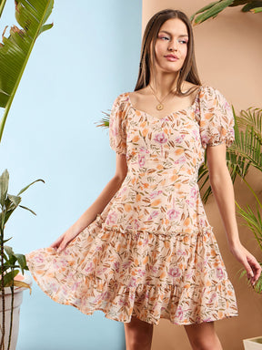 Peach Floral Sweetheart Neck Short Skater Dress-SASSAFRAS