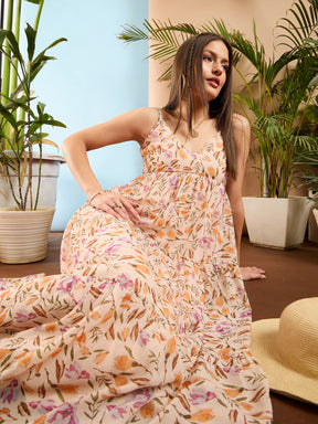 Peach Floral Strappy Tiered Maxi Dress-SASSAFRAS