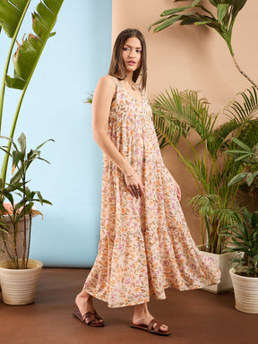 Peach Floral Strappy Tiered Maxi Dress-SASSAFRAS