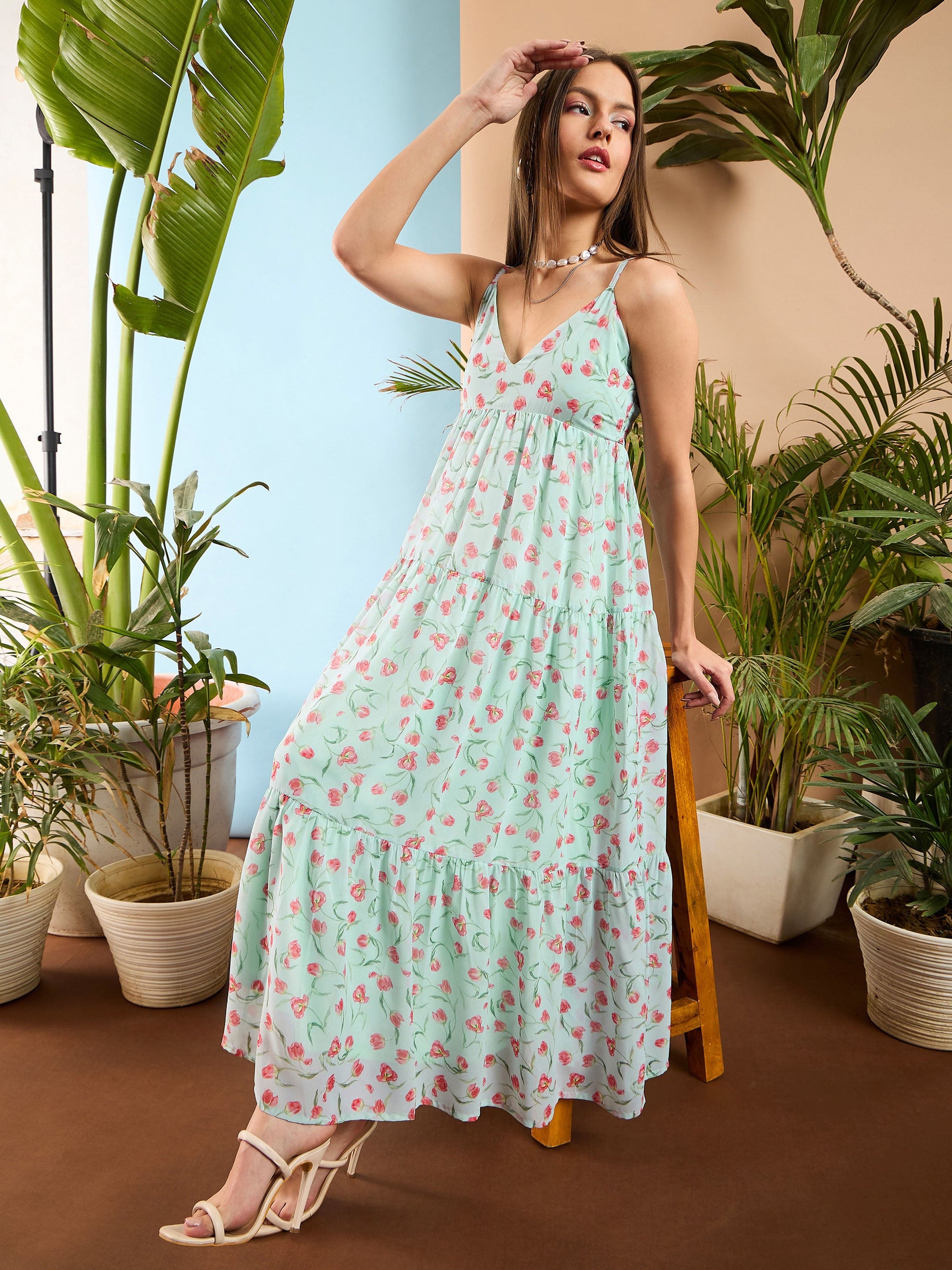 See Green Floral Strappy Tiered Maxi Dress-SASSAFRAS