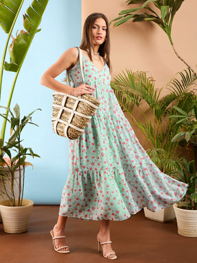See Green Floral Strappy Tiered Maxi Dress-SASSAFRAS