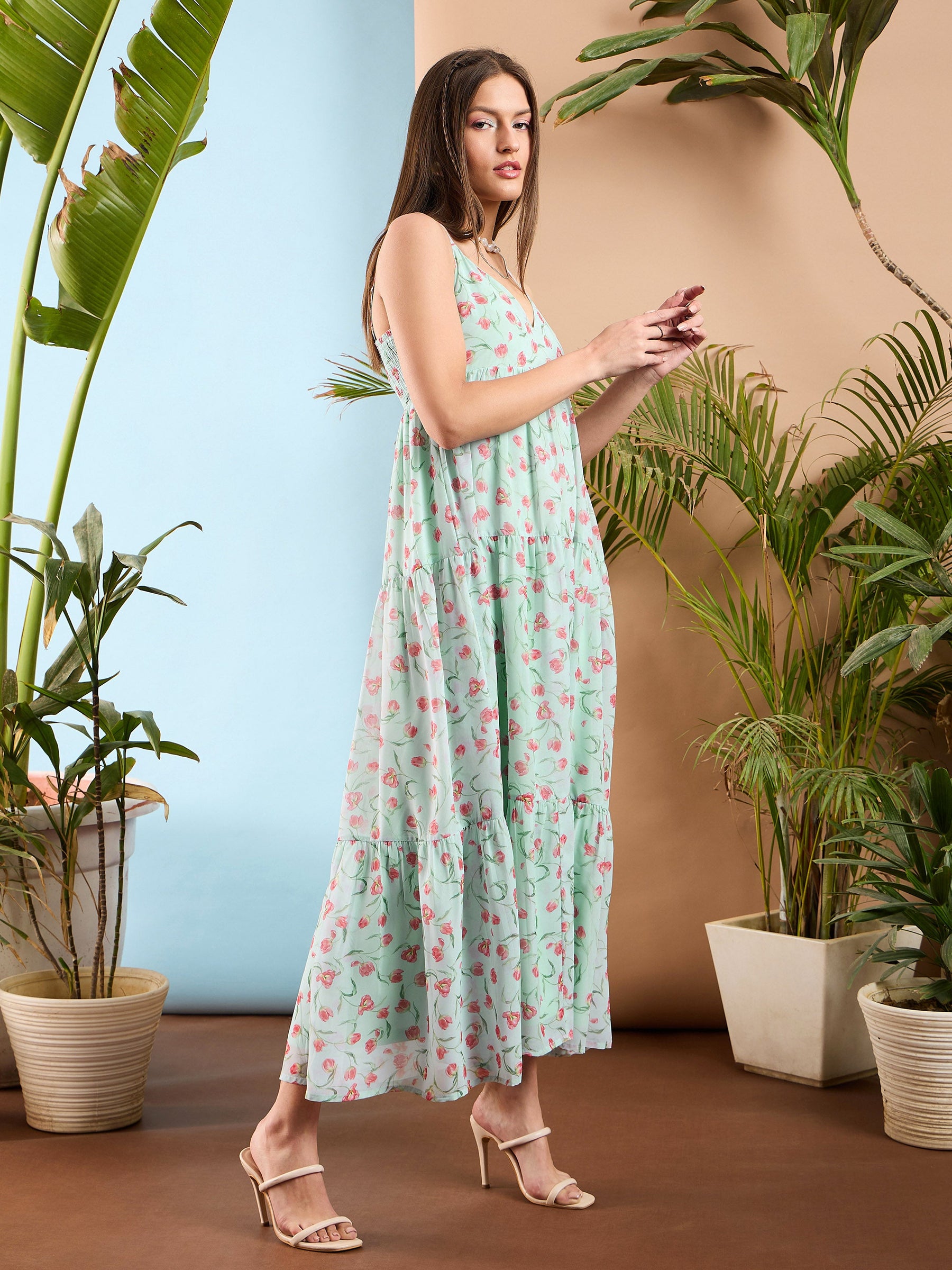 See Green Floral Strappy Tiered Maxi Dress-SASSAFRAS