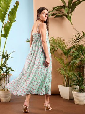 See Green Floral Strappy Tiered Maxi Dress-SASSAFRAS