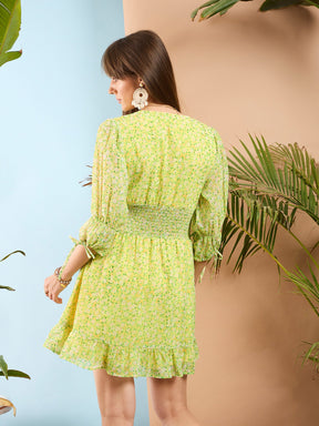 Lime Yellow Ditsy Floral Frill Hem Short Dress-SASSAFRAS