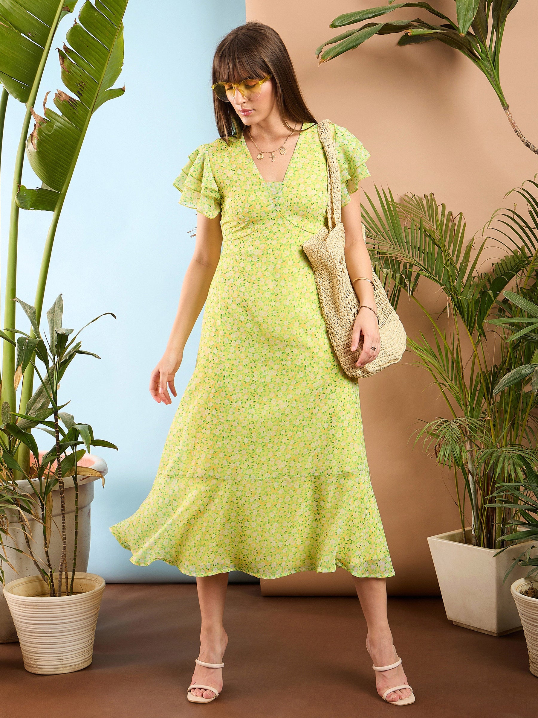 Lime Yellow Ditsy Floral Flared Sleeve Midi Dress-SASSAFRAS