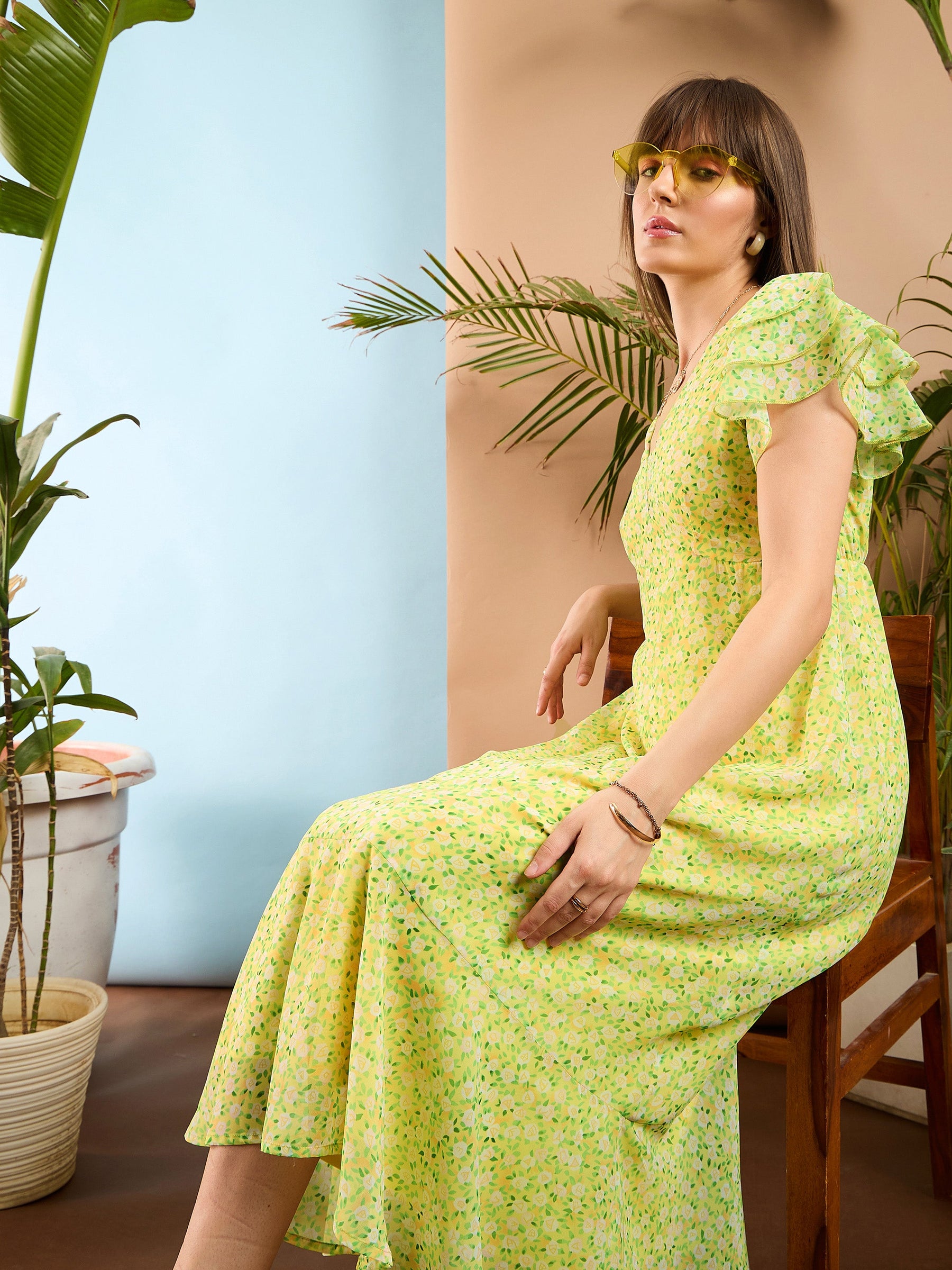 Lime Yellow Ditsy Floral Flared Sleeve Midi Dress-SASSAFRAS