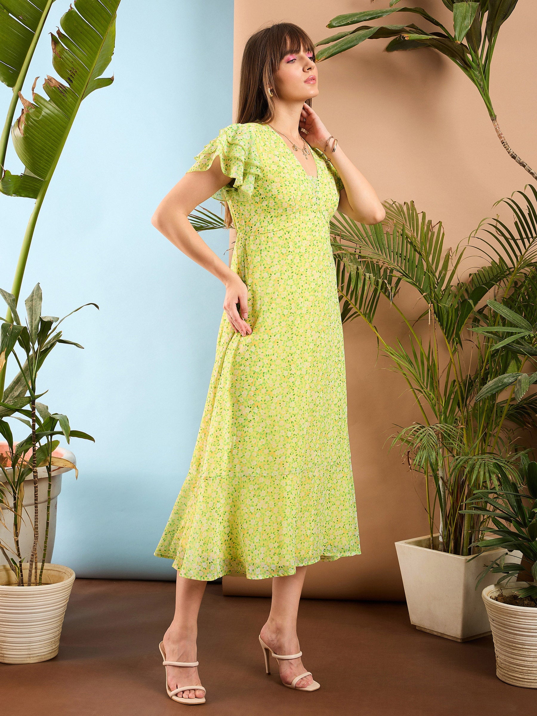 Lime Yellow Ditsy Floral Flared Sleeve Midi Dress-SASSAFRAS