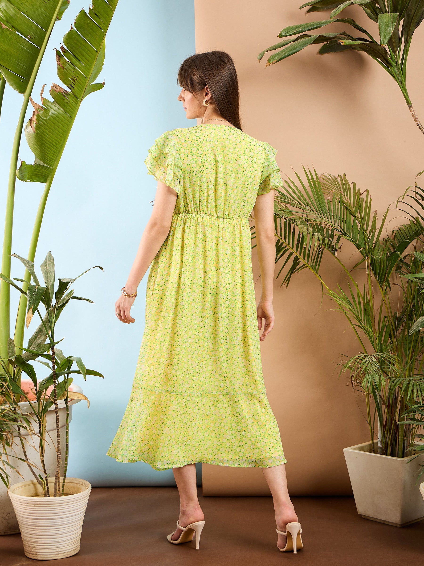 Lime Yellow Ditsy Floral Flared Sleeve Midi Dress-SASSAFRAS