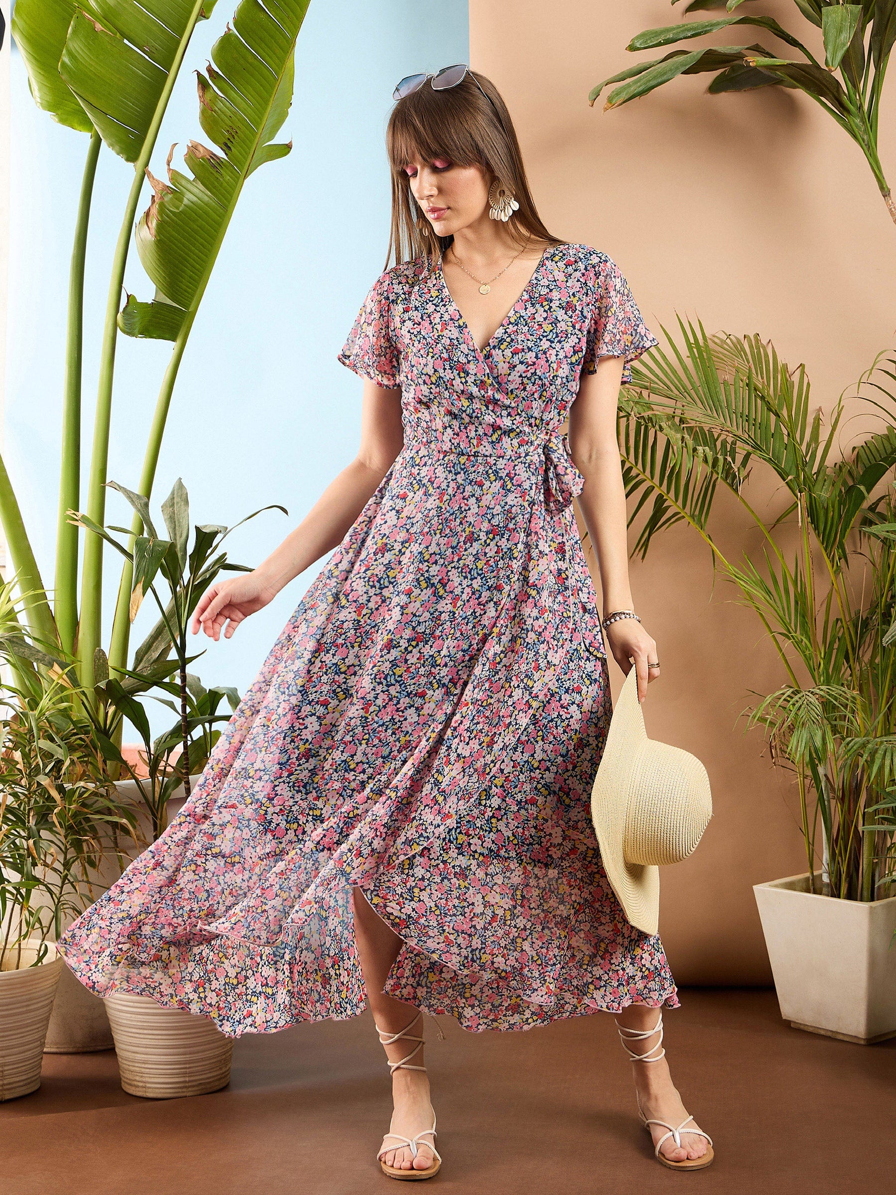 Buy Women Navy Ditsy Floral Ruffle Detail Wrap Midi Dress Online at Best Price Buy Women Navy Ditsy Floral Ruffle Detail Wrap Midi Dress Online at Best Price