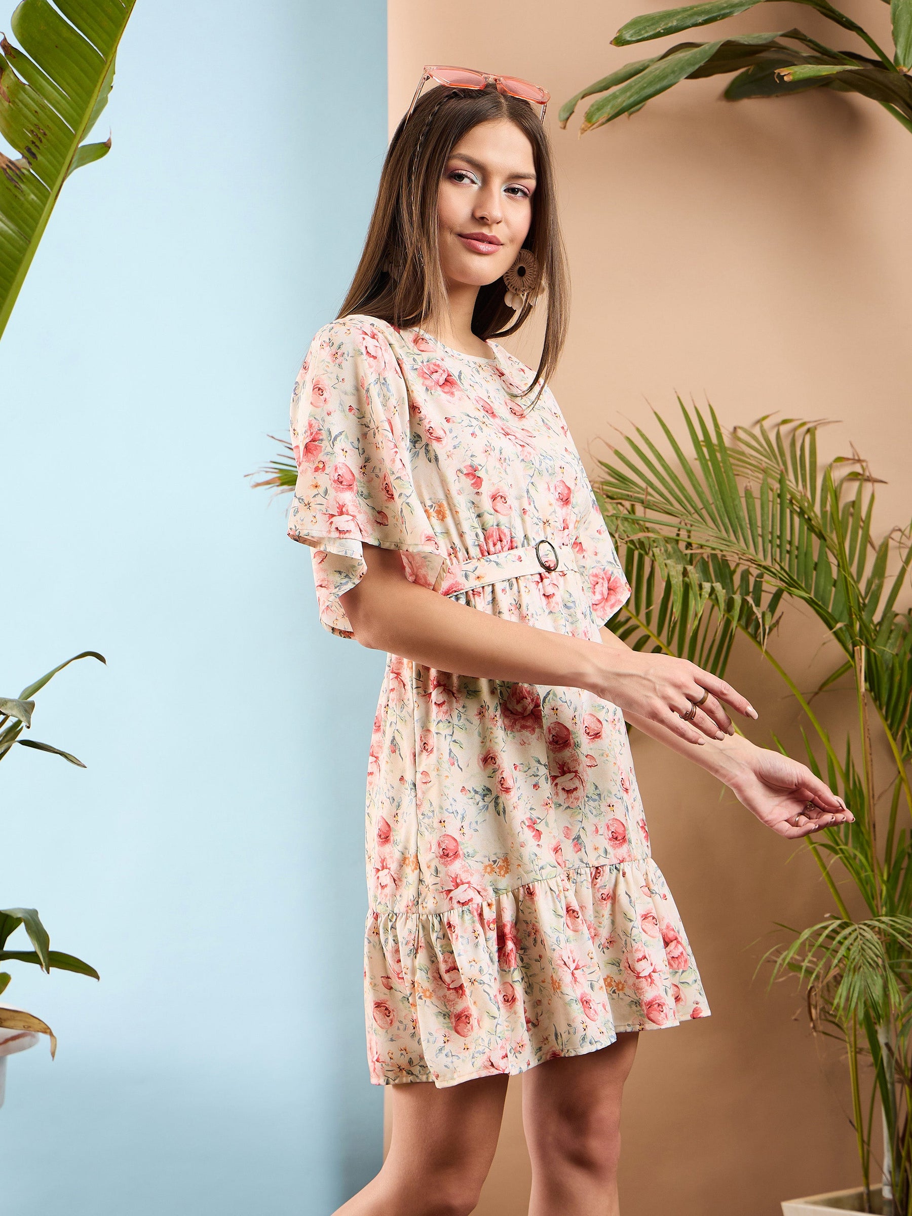 Cream Floral Belted Short Dress-SASSAFRAS