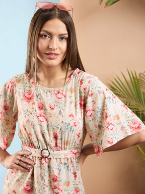 Cream Floral Belted Short Dress-SASSAFRAS