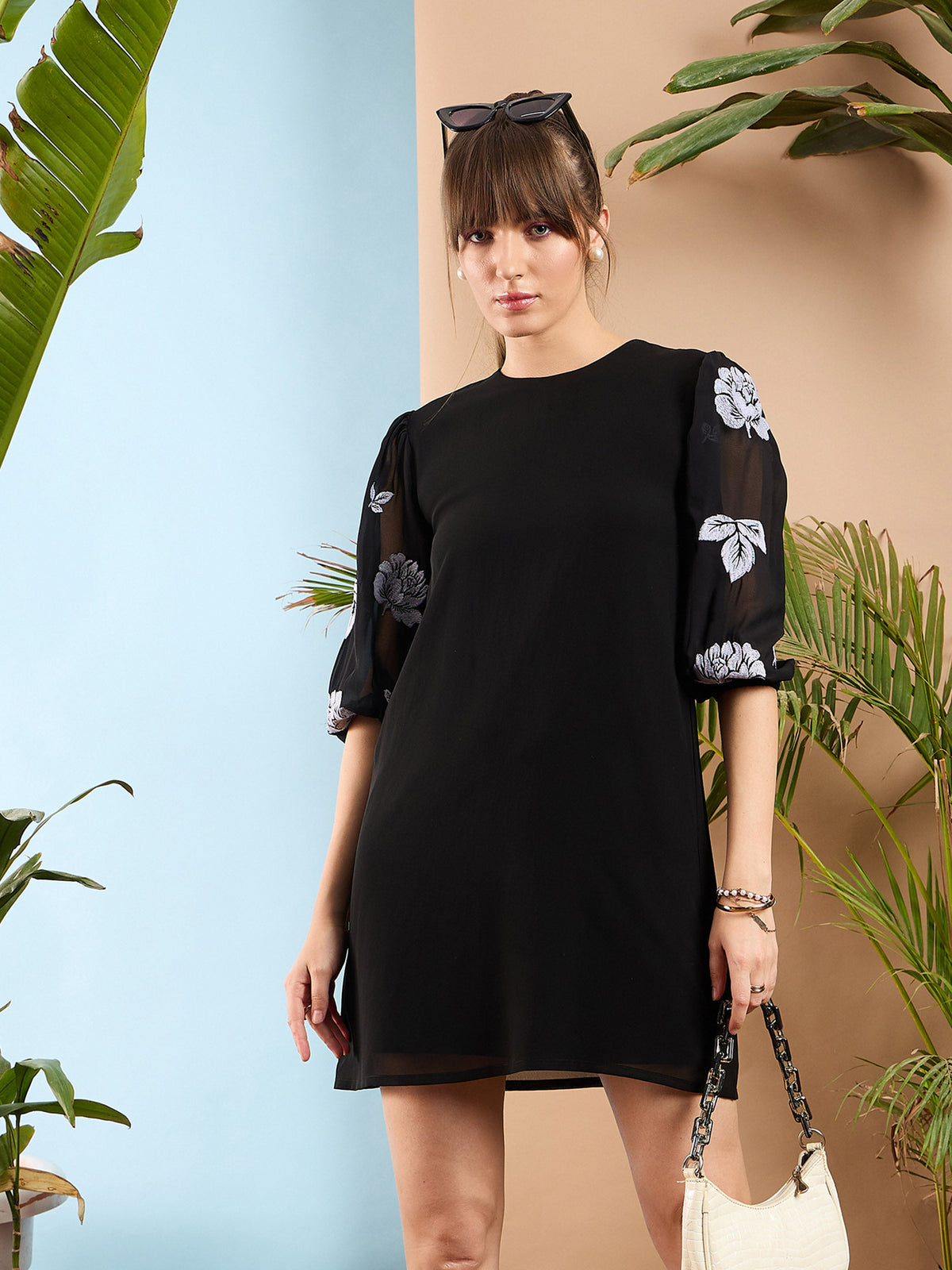 Black Embroidered Puff Sleeves Dress-SASSAFRAS